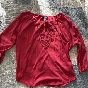 Chaps Red Lace-Front Long Sleeve Blouse